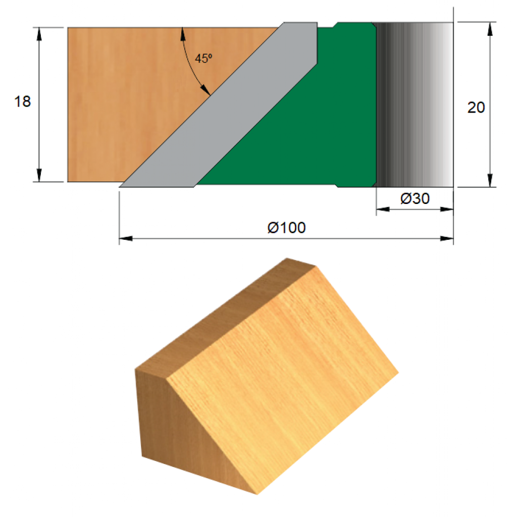 Fresa para Meia-Esquadria 45° Ø100 x 20 x 30 - 2 Dentes - Cód. 1530.02